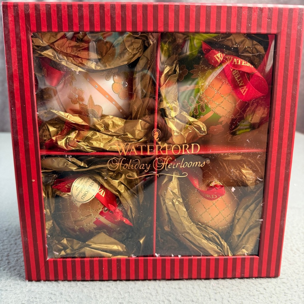 Waterford Holiday Heirlooms Floral Ball Ornament Set 4 Glass Glitter Rhinestone